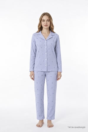 Mavi Desenli Waffle Dokulu Gömlek Yaka Düğmeli Uzun Kollu Kadın Pijama Takımı