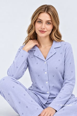 Mavi Desenli Waffle Dokulu Gömlek Yaka Düğmeli Uzun Kollu Kadın Pijama Takımı