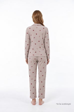 Vizon Desenli Waffle Dokulu Gömlek Yaka Düğmeli Uzun Kollu Kadın Pijama Takımı
