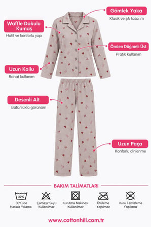Vizon Desenli Waffle Dokulu Gömlek Yaka Düğmeli Uzun Kollu Kadın Pijama Takımı