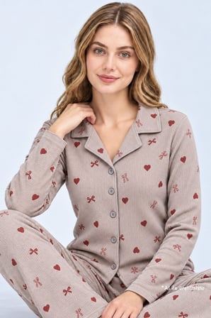 Vizon Desenli Waffle Dokulu Gömlek Yaka Düğmeli Uzun Kollu Kadın Pijama Takımı