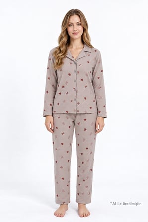 Vizon Desenli Waffle Dokulu Gömlek Yaka Düğmeli Uzun Kollu Kadın Pijama Takımı