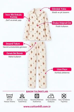 Bej Ayıcık Desenli İnce Rib Dokulu Gömlek Yaka Düğmeli Uzun Kollu Kadın Pijama Takımı