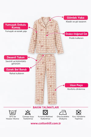 Bej Ayıcık Desenli Pötikare Yumuşak Dokulu Gömlek Yaka Düğmeli Uzun Kollu Kadın Pijama Takımı