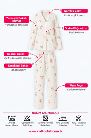 Krem Çiçek Desenli Yumuşak Dokulu Gömlek Yaka Düğmeli Uzun Kollu Kadın Pijama Takımı