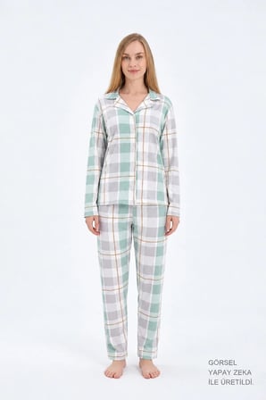 Yeşil Gri Ekose Desenli Yumuşak Dokulu Gömlek Yaka Düğmeli Uzun Kollu Kadın Pijama Takımı