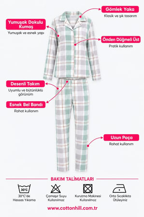Yeşil Gri Ekose Desenli Yumuşak Dokulu Gömlek Yaka Düğmeli Uzun Kollu Kadın Pijama Takımı
