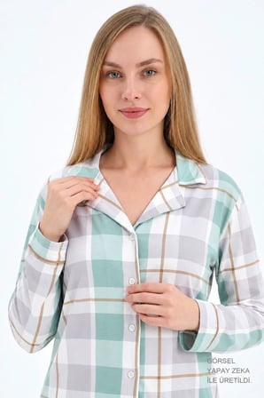 Yeşil Gri Ekose Desenli Yumuşak Dokulu Gömlek Yaka Düğmeli Uzun Kollu Kadın Pijama Takımı