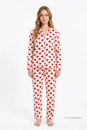Krem Kalp Desenli Yumuşak Kadife Dokulu Gömlek Yaka Düğmeli Uzun Kollu Kadın Pijama Takımı