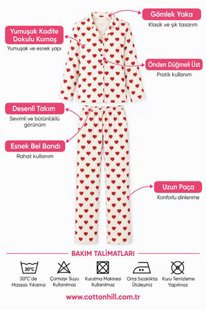 Krem Kalp Desenli Yumuşak Kadife Dokulu Gömlek Yaka Düğmeli Uzun Kollu Kadın Pijama Takımı