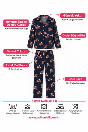 Lacivert Ayıcık Desenli Yumuşak Kadife Dokulu Gömlek Yaka Düğmeli Uzun Kollu Kadın Pijama Takımı
