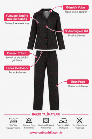 Siyah Kalp Desenli Yumuşak Kadife Dokulu Gömlek Yaka Düğmeli Uzun Kollu Kadın Pijama Takımı