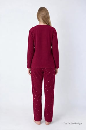 Bordo Desenli Waffle Dokulu Cepli Bisiklet Yaka Uzun Kollu Kadın Pijama Takımı