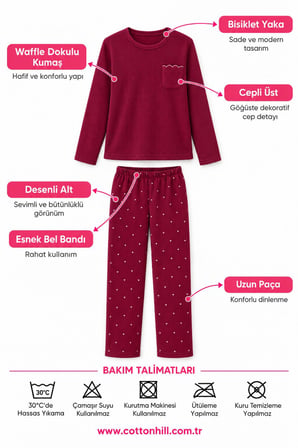 Bordo Desenli Waffle Dokulu Cepli Bisiklet Yaka Uzun Kollu Kadın Pijama Takımı
