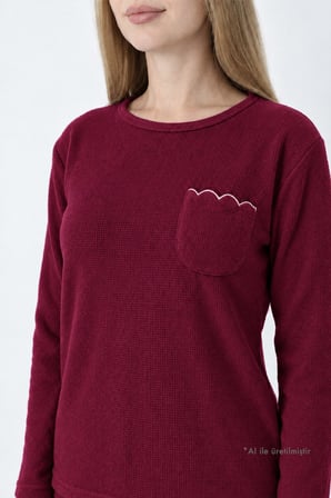 Bordo Desenli Waffle Dokulu Cepli Bisiklet Yaka Uzun Kollu Kadın Pijama Takımı