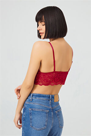 Bordo Dantelli İnce Askılı Kaplı Üçgen Kadın Bralet Büstiyer