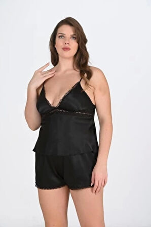 Siyah Büyük Beden Dantel Detaylı Şort Takımı