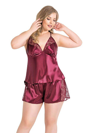 Büyük Beden Bordo Saten Babydoll Şort Takımı 1059