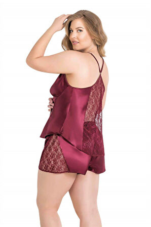 Büyük Beden Bordo Saten Babydoll Şort Takımı 1059