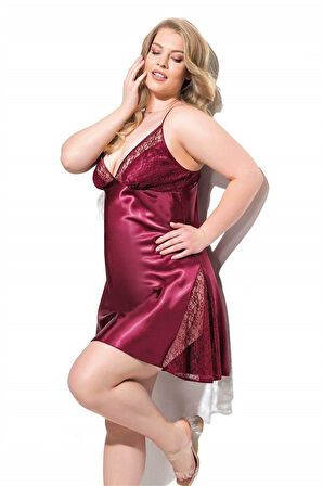 Büyük Beden Bordo Kısa Saten Gecelik 2060