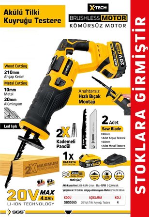 SGS 5565 Akülü Tilki Kuyruğu Testere Seti 20V - 4,0 Ah x 185 mm