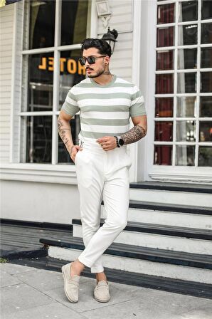 Erkek Yan Çizgili Slim Fit T-Shirt Mint