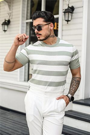 Erkek Yan Çizgili Slim Fit T-Shirt Mint