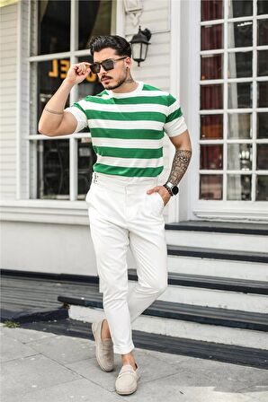 Erkek Yan Çizgili Slim Fit T-Shirt Yeşil