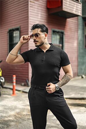 Erkek Polo Yaka Fitilli Slim Fit T-Shirt Siyah