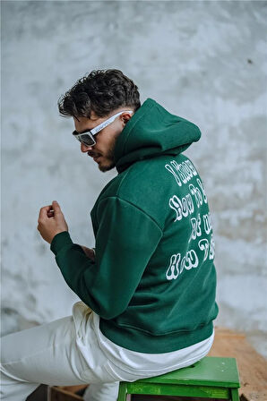 Erkek SHİT Baskılı Oversize Hoodie Koyu Yeşil