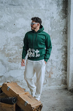 Erkek SHİT Baskılı Oversize Hoodie Koyu Yeşil