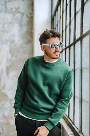 Erkek Basic Oversize Sweatshirt Koyu Yeşil