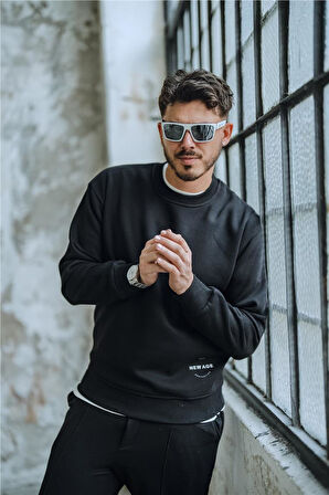 Erkek NEW AGE Baskılı Oversize Sweatshirt Siyah