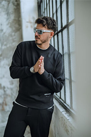 Erkek NEW AGE Baskılı Oversize Sweatshirt Siyah