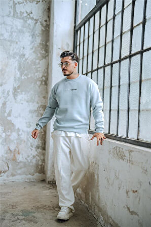 Erkek NEW AGE Baskılı Oversize Sweatshirt Açık Mavi