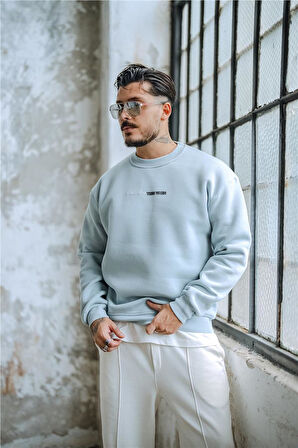 Erkek NEW AGE Baskılı Oversize Sweatshirt Açık Mavi