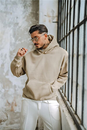 Erkek Basic Kapüşonlu Oversize Hoodie Bej