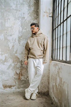 Erkek Basic Kapüşonlu Oversize Hoodie Bej