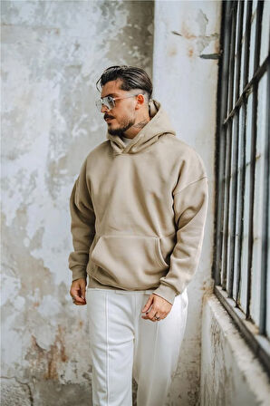 Erkek Basic Kapüşonlu Oversize Hoodie Bej