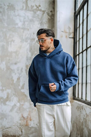 Erkek Basic Kapüşonlu Oversize Hoodie Lacivert