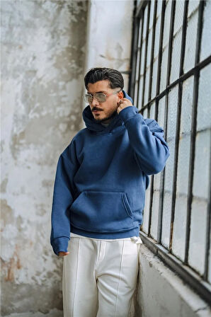 Erkek Basic Kapüşonlu Oversize Hoodie Lacivert