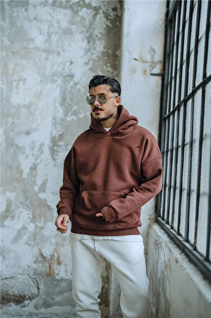 Erkek Basic Kapüşonlu Oversize Hoodie Kahve