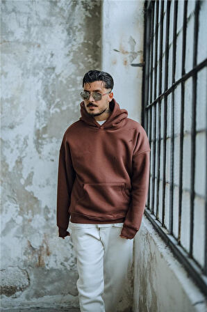 Erkek Basic Kapüşonlu Oversize Hoodie Kahve