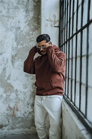 Erkek Basic Kapüşonlu Oversize Hoodie Kahve