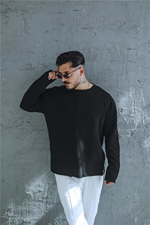 Erkek Lazer Kesim Çizgi Detay Oversize Sweatshirt Siyah