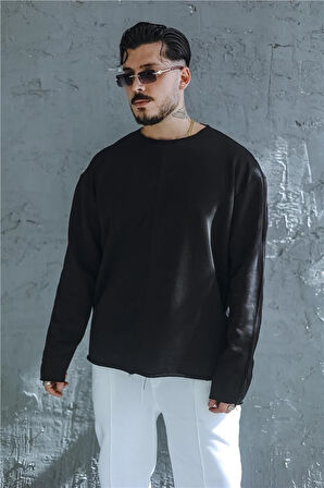 Erkek Lazer Kesim Çizgi Detay Oversize Sweatshirt Siyah