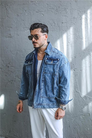 Erkek Fermuarlı Oversize Denim Kot Ceket Yıkamalı Mavi