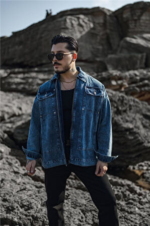 Erkek Fermuarlı Oversize Denim Kot Ceket Yıkamalı Mavi