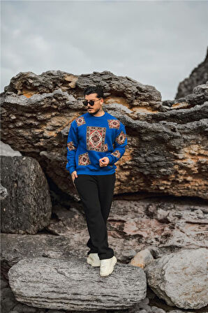 Erkek Kilim Desen Şardonlu Sweatshirt Koyu Mavi