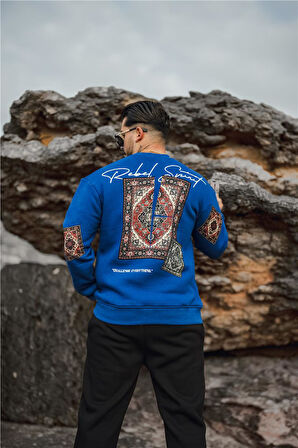 Erkek Kilim Desen Şardonlu Sweatshirt Koyu Mavi